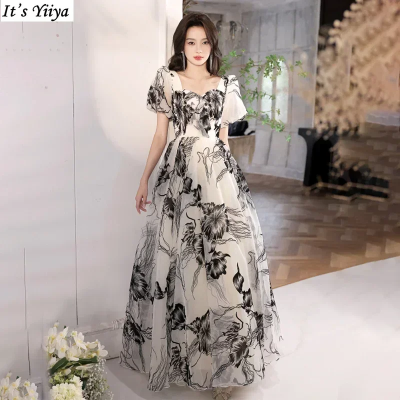 It's Yiiya Customized Evening Dresses Black Floral Square Collar Short Sleeves A-line Floor-length Plus size Party Formal Gowns