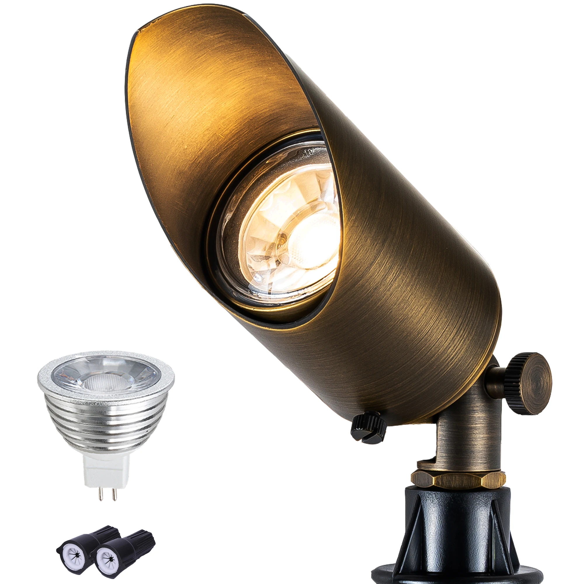 Brass Landscape Spotlight 12V Bronze Waterproof Shroud Adjustable Outdoor with MR16 LED Bulb 5W 3000K Warm White