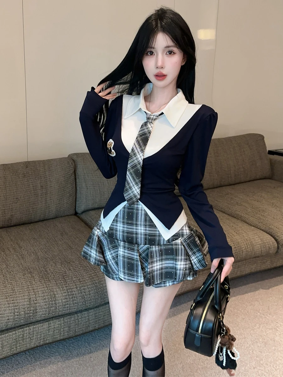 Korean Style Spicy School Girl Set Color Block Long Sleeve Slim Fit High Waist Plaid  Skirt Uniform Fashion Ensemble