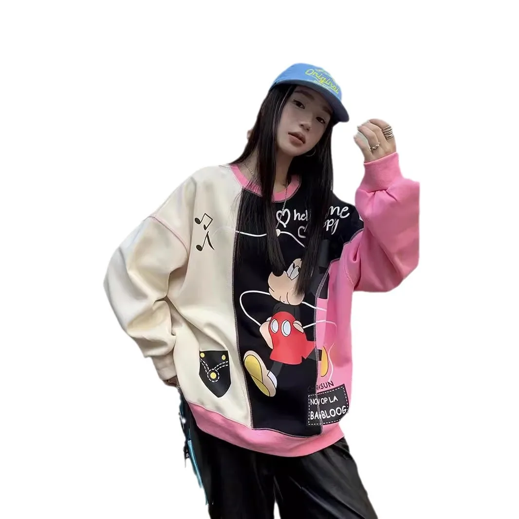 Trendy Brand Contrasting Color Splicing Loose Jumper 2024 Autumn New Oversized Fashion Casual Cartoon Printed Sweatshirts Women