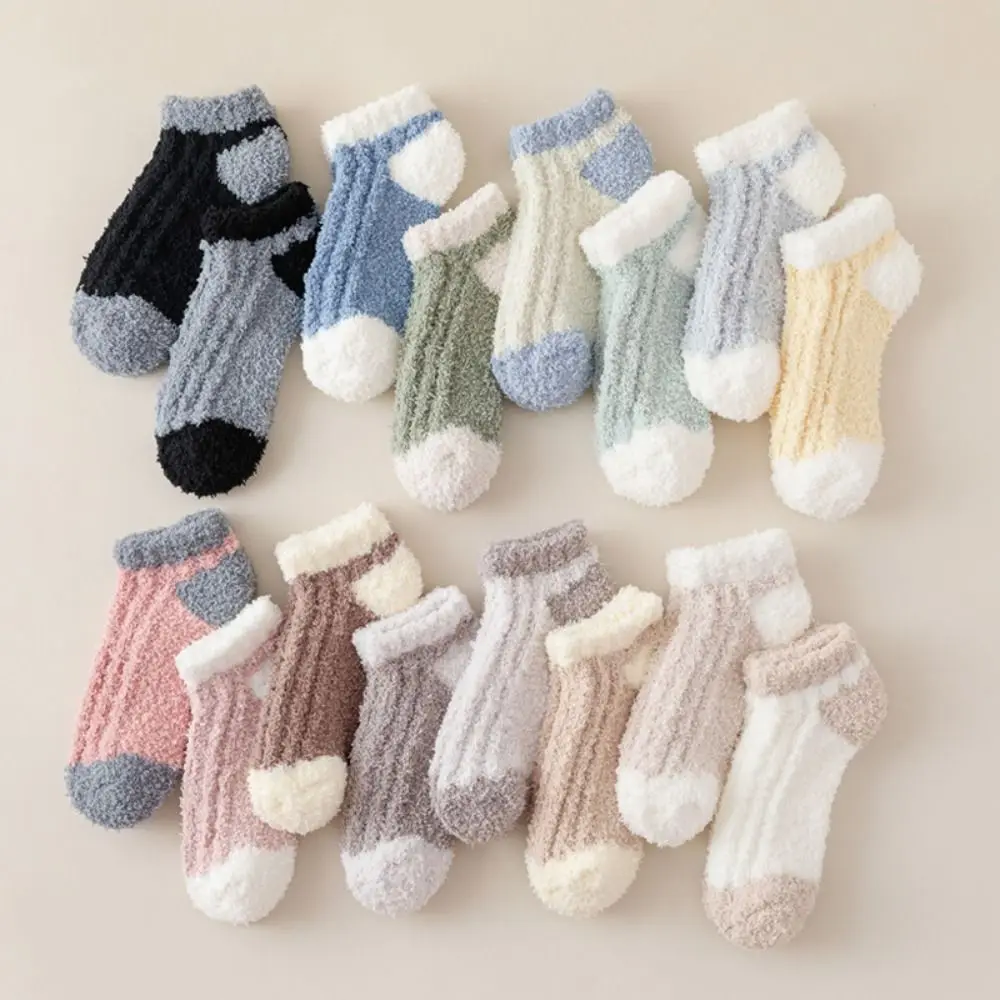 

3Pairs Creative Thickened Coral Fleece Socks Winter Sleeping Floor Plush Socks Patchwork Hosiery Warm Boat Socks Women Winter