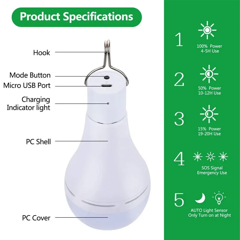 Portable Solar Light Bulb 7W/9W with 5 Work Modes Dimmable USB Rechargeable Emergency Camping Lamp for Outdoor Tent Hanging