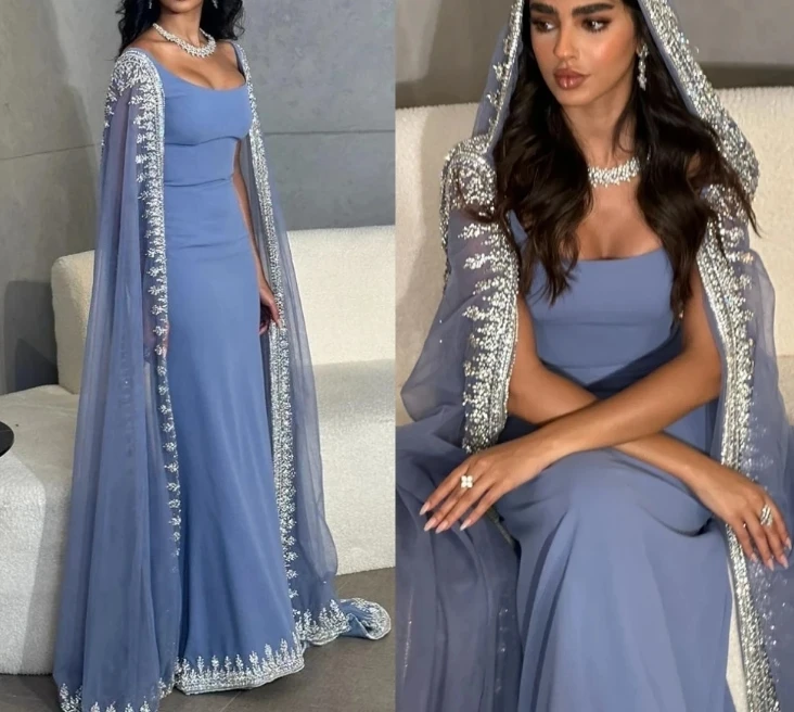 فساتين سهرة زرقاء رائعة مخصصة فاخرة كريستال ذيل السمكة دبي مساء كحلي كم أنيق المرأة العربية حفلة موسيقية شخصية