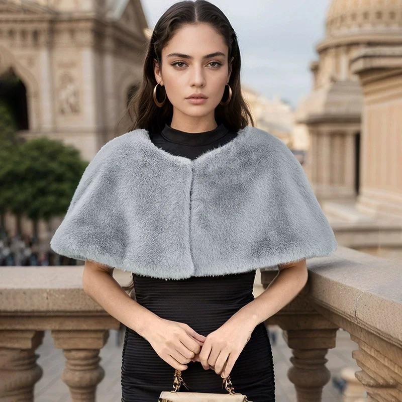 

Модная однотонная женская шаль ручной работы из искусственного меха из полиэстера для зимних свадеб и вечеринок, теплая декоративная накидка