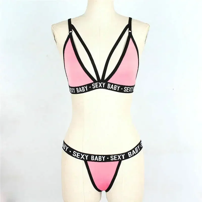 Exotic Sets Sexy Women's Sports Bra Set Without Underwire Bandage Corset Letter Bra + Thong Sexy Bikini Top Panties Sex Clothes image 6
