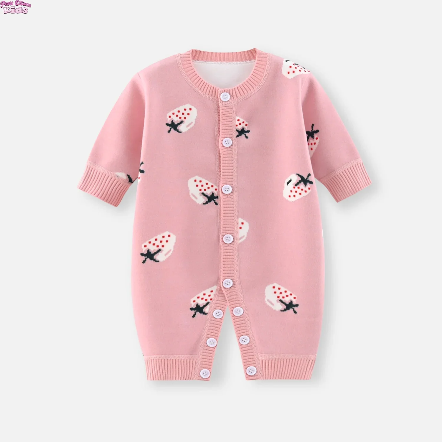 

2025 Toddler Baby Clothes Knitted Romper 0-18M Newborn Girls Pink Strawberry Embroidery Button Front Long Sleeve Cute Jumpsuit