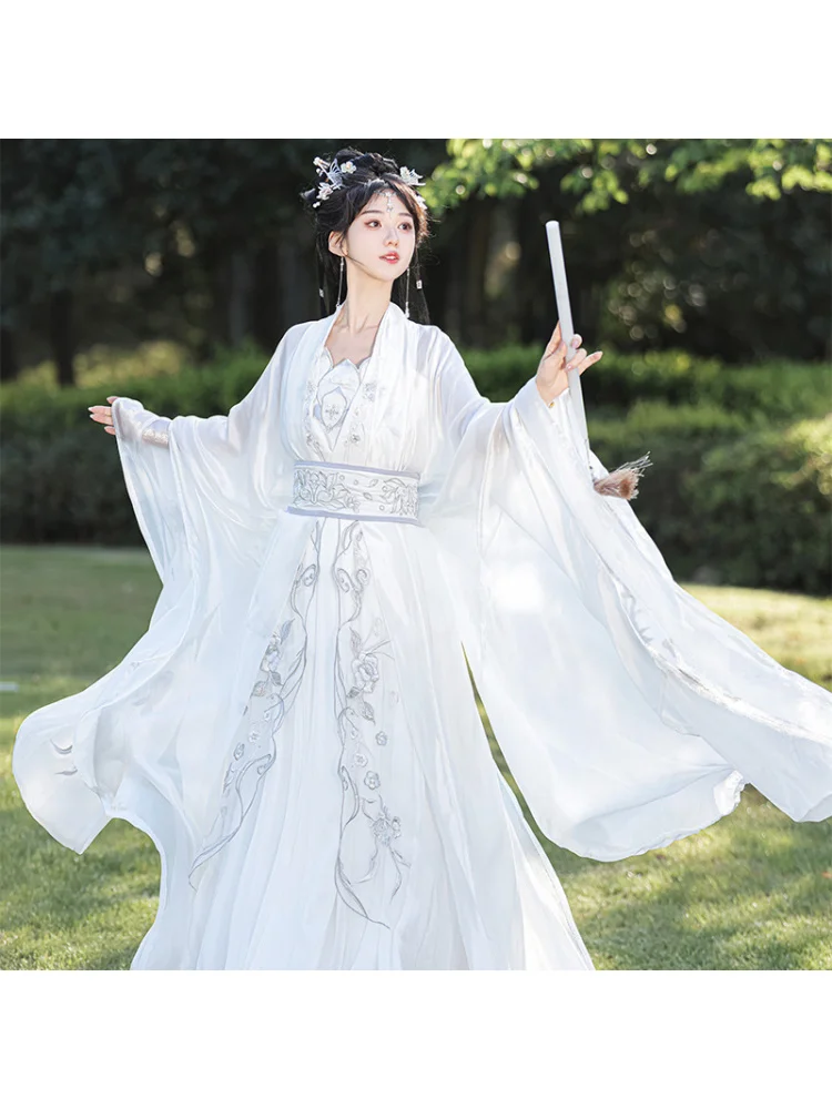 Feminino melhorado dinastia canção hanfu artes marciais inspirado antigo fada blusa de manga grande comprimento da cintura ru saia conjunto primavera