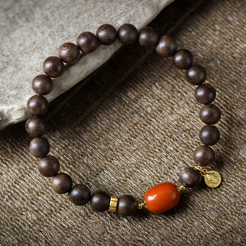Vietnamese Nha Trang White Agarwood Red Skin Old Honey Agate Beads Original Chinese Style Bracelet