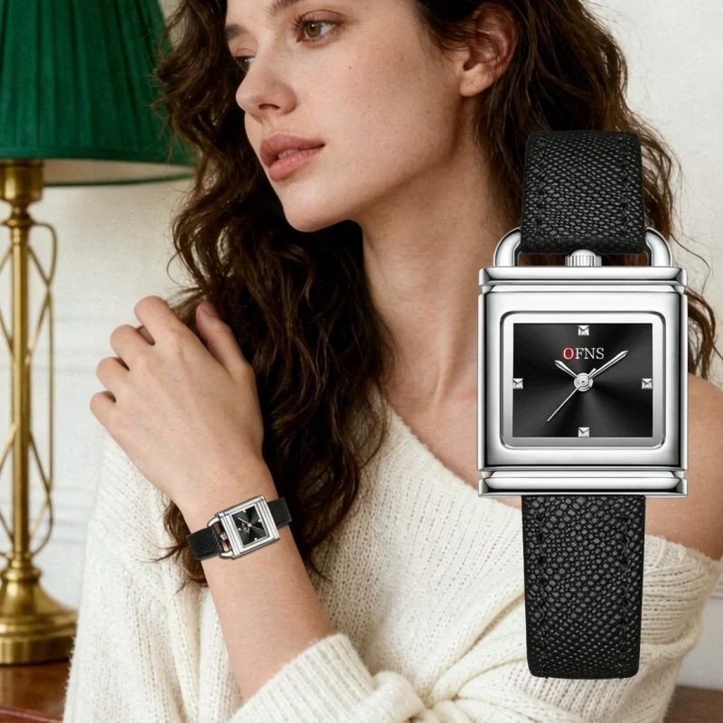 Hot Sale Women Waterproof Quartz Watch Luxury Genuine Leather Strap 8mm Slim Case Lock Head Square Small Unique Wristwatch Gift