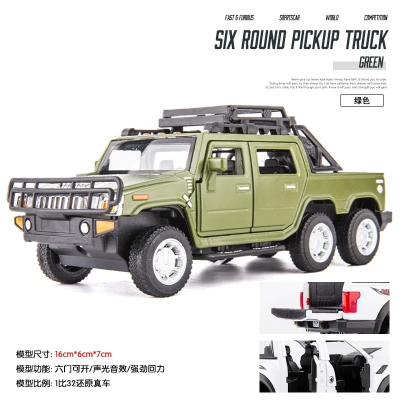 1:32 Hummer Pickup pressofuso in lega di metallo modello di auto tirare indietro lampeggiante veicoli giocattolo musicali per bambini regalo
