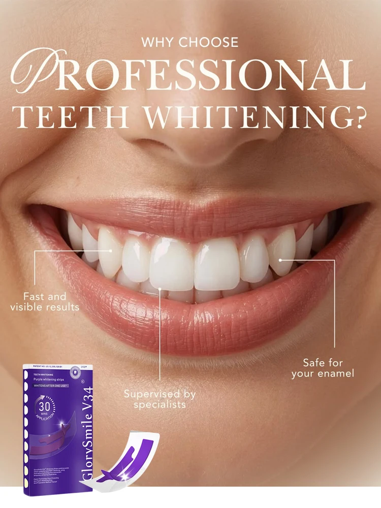 Tiras Blanqueadoras Glorysmile V34 Púrpura, Seguras para el Esmalte Dental - Blanqueamiento Dental Sin Sensibilidad - Paquete de 7/14 Tiras