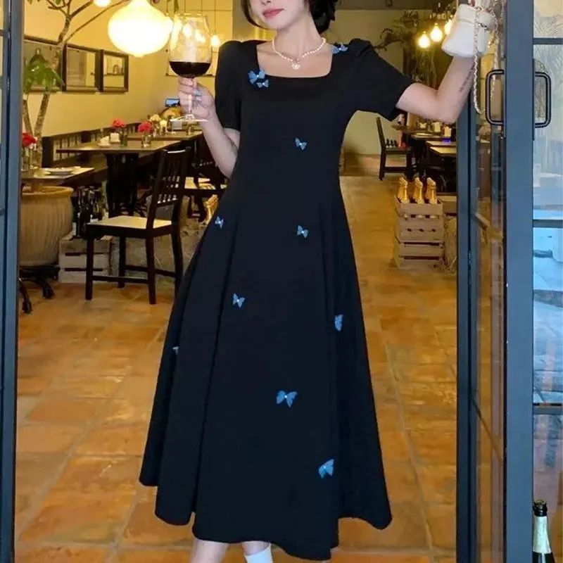 Elegant Square Collar Dresses Summer Vintage Women's Clothing Stylish Butterfly Three-dimensional Decoration A-Line Midi Dress