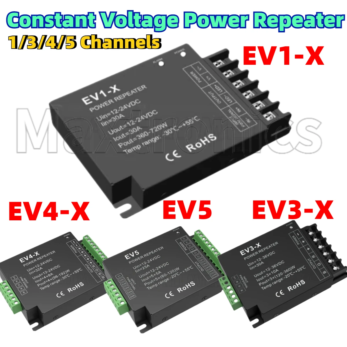 

DC12V-24V Constant Voltage Power Repeater PWM EV1-X EV3-X 1/3/4/5 Channels for Single Dual Color RGB RGB+CCT For LED Strip Light