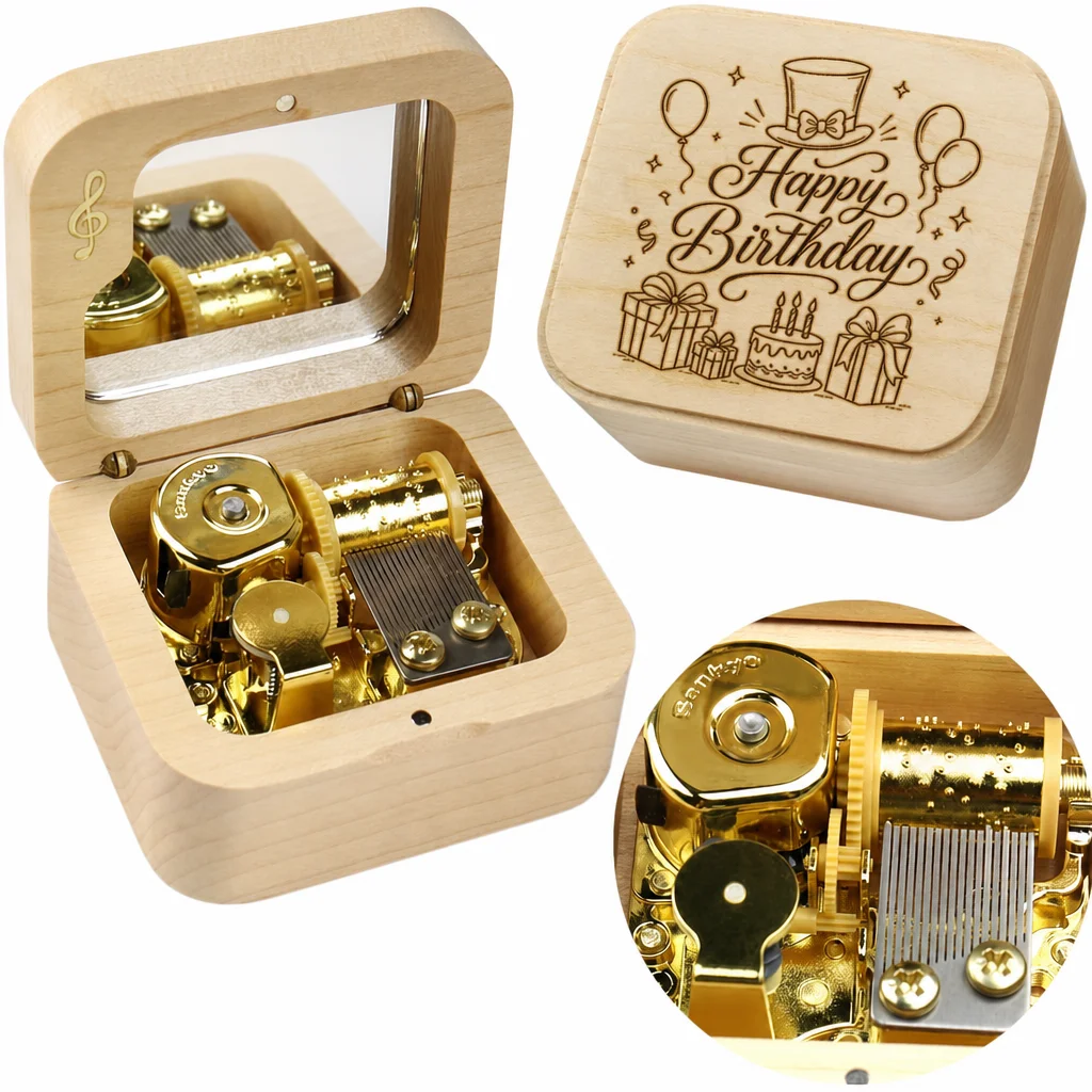 Maple Happy Birthday Wooden 18 note wind up Music Box with Mirror, Custom Engraving, Birthday Gift for Women Daughter Friend