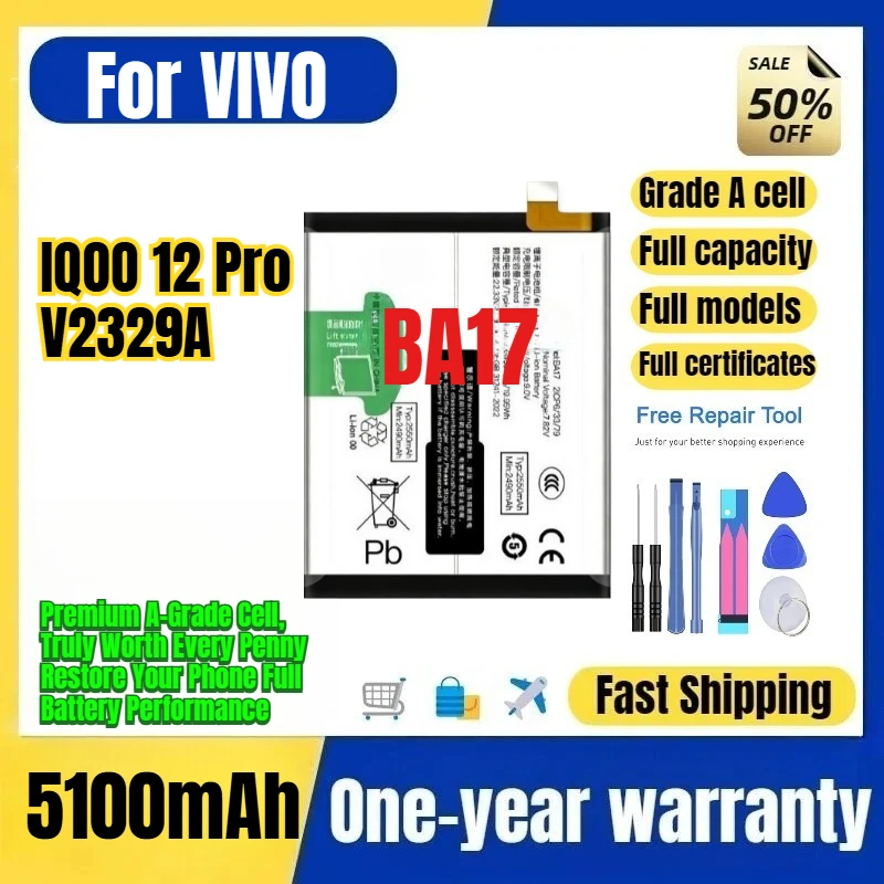 BA17 for VIVO IQOO 12 Pro/V2329A Phone Battery 0 Cycle High Quality Capacity Battery Replacement Bateria Grade A Cell with Tools