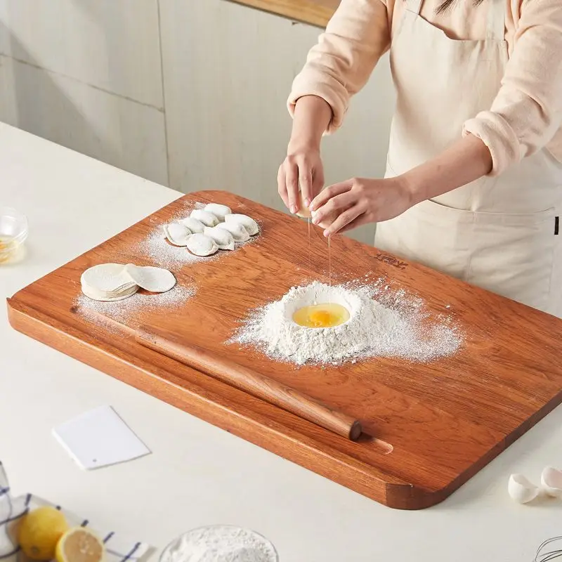 Large Wooden Pastry Board with Rolling Pin Dough Kneading Cutting for Dumplings Baking Kitchen Countertop Tool