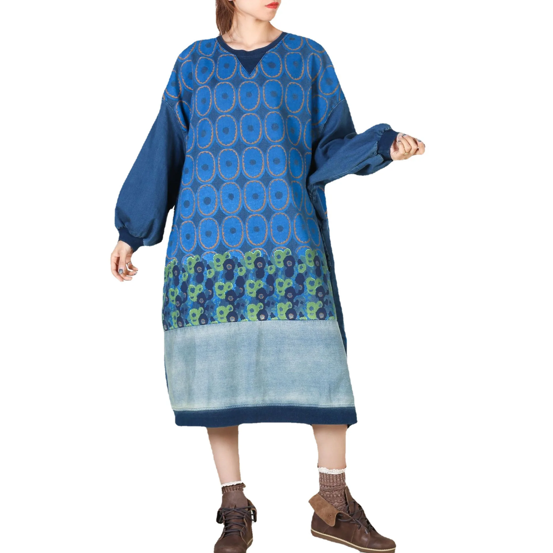 

Cowboy Dress Women Spring Autumn New O-neck Loose Waist Printing Lantern Sleeve Fashion Vintage Oversized Denim Dress