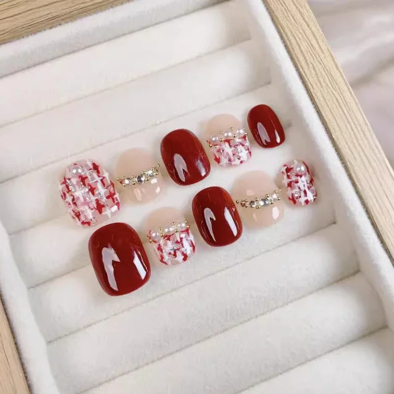 10Pcs Red Chic Press-On Nails Elegant French Style with Pearl Short Handmade Lattice Full Cover Fake Nails Tips for Women&Girls