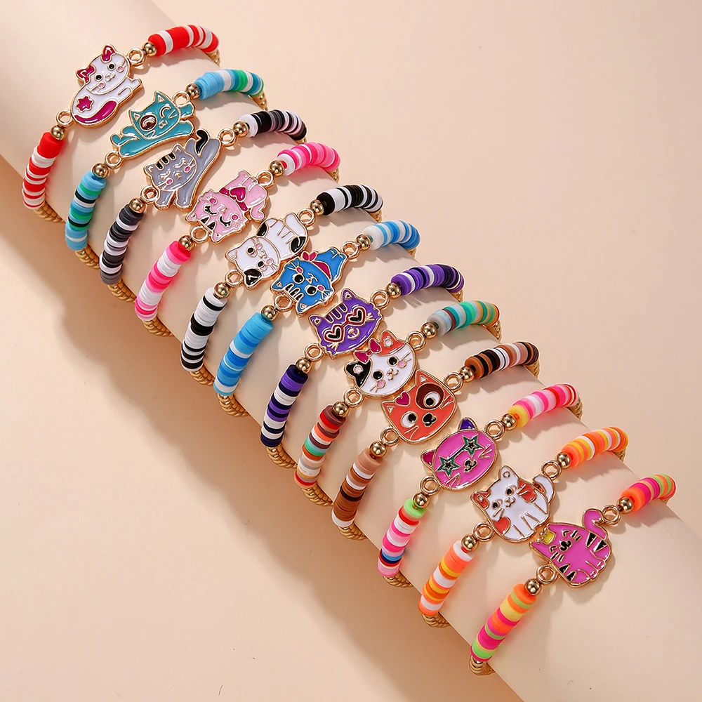 12Pcs Unicorn Cat Flower Charm Elastic Beaded Bracelets Set