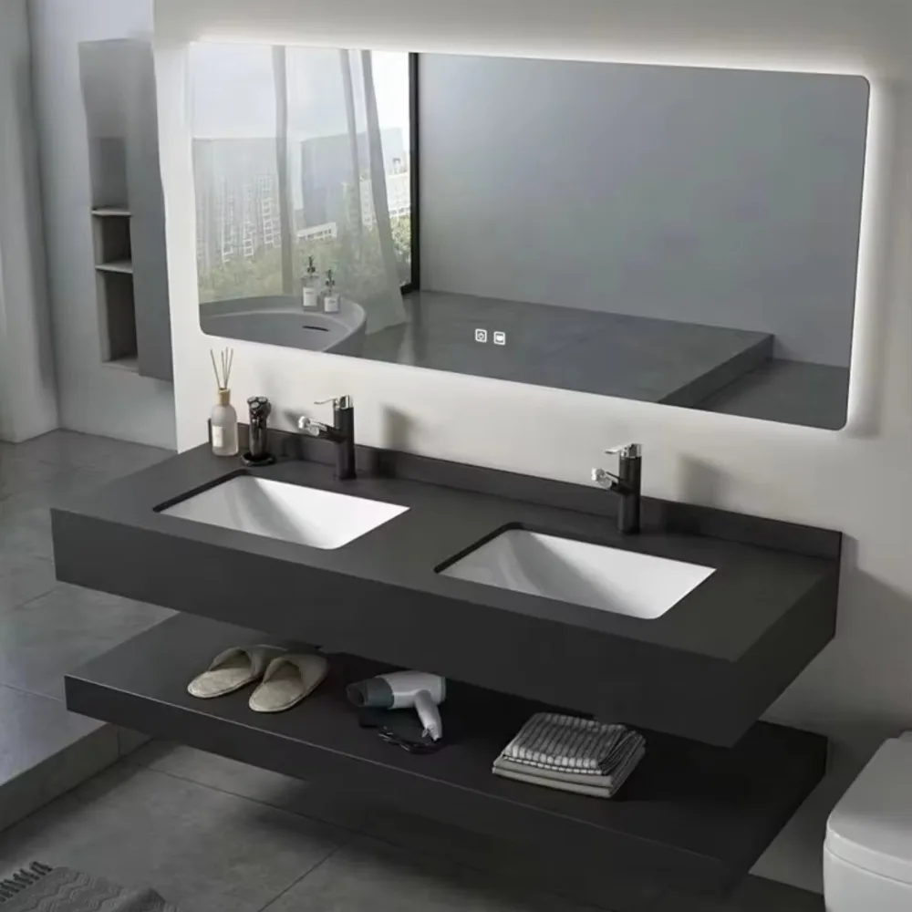 1400mm Modern Dual Bowl Vanity Marble Wall Mount Sink Double Layer Washbasin Bathroom Cabinet Mirror Included Smart LED Anti-Fog