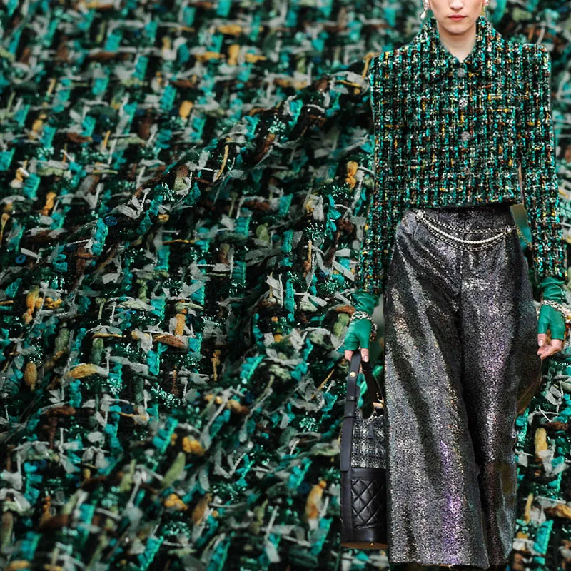 緑色のスパンコールとリボン糸染め編組ツイード生地女性の秋のジャケットドレススーツコート-diy-縫製材料