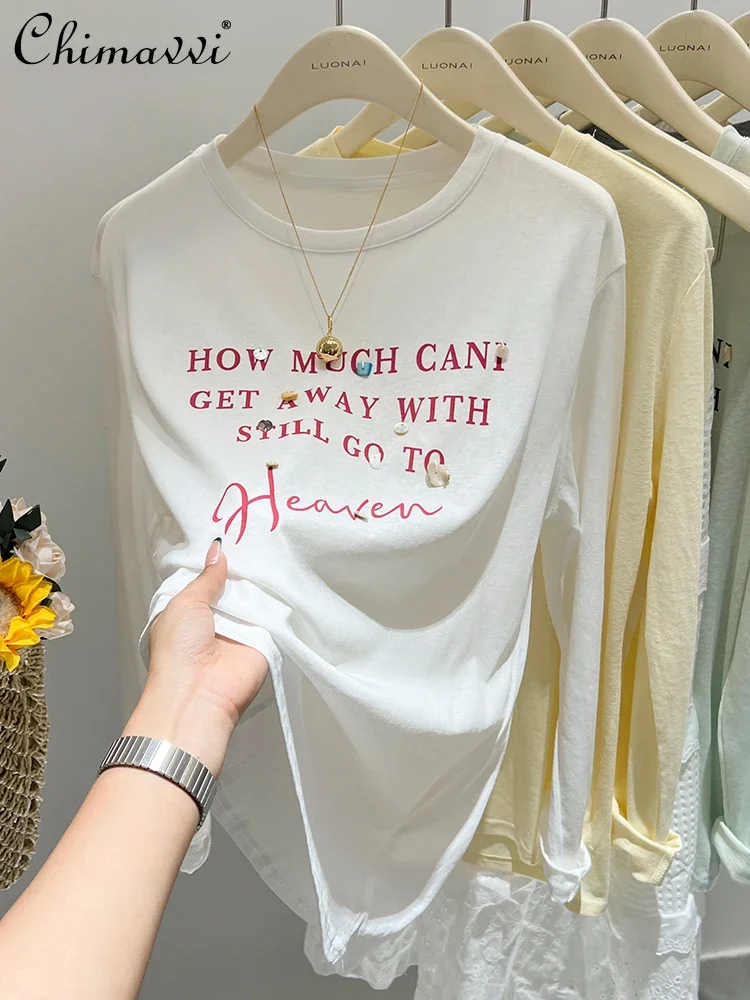 

White Letter Print Sun Protection Long Sleeve T-shirt Women's Summer Fashion Round Neck Lightweight Micro Loose Tee Tops Autumn