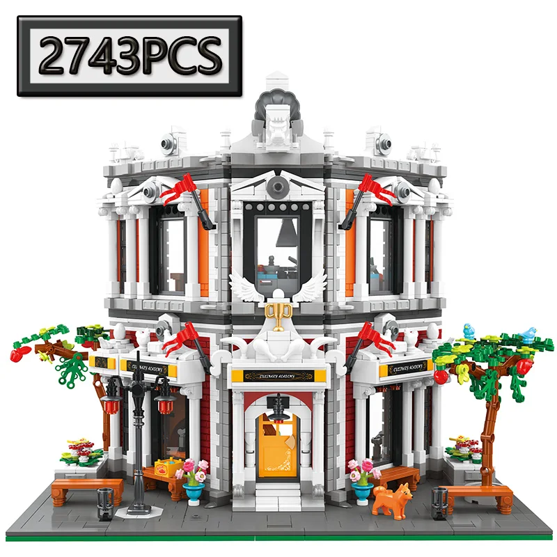 MOC 2743PCS Cooking Academy Urban Architecture Street View LED Creative Model DIY Building Blocks Puzzle Toys Gift