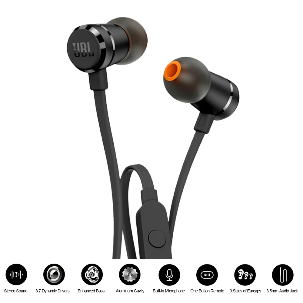 JBL T290 3.5mm Wired Earphones TUNE 290 Earbuds Stereo Music Sports Pure Bass Headset 1-Button Remote Hands-free Call with Mic