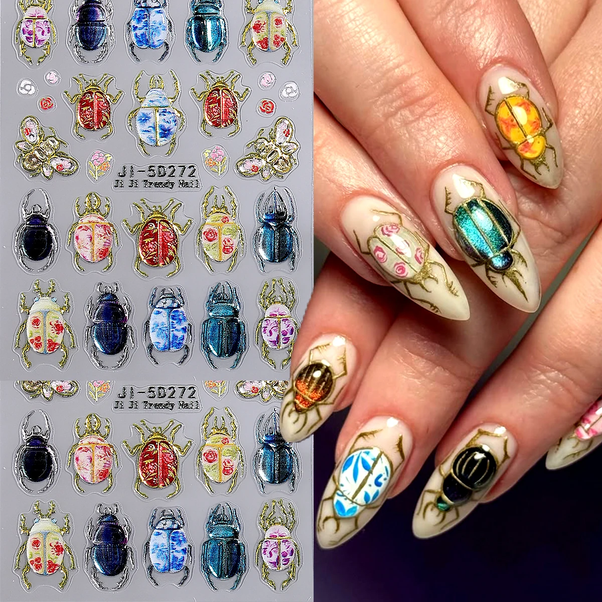5D Embossed Beetle Nail Sticker, Vintage Floral Insect Nail Art Decal, Colorful Scarab Bug Butterfly Self-Adhesive Nail Decorate