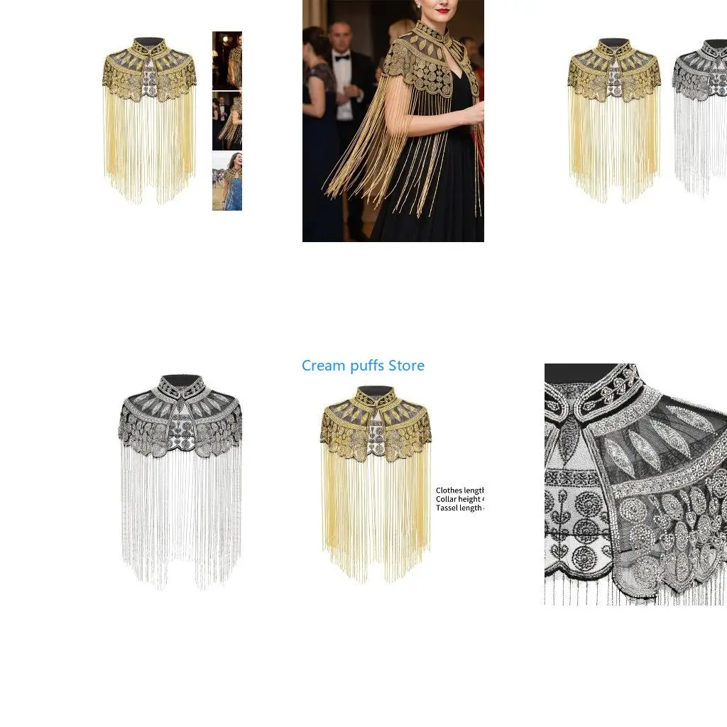 50LE Shimmering Tassels Capes with Sparkling Sequins and Beadwork Shawl Wrap for Formal Wear Outfit Halloween Cocktail Party