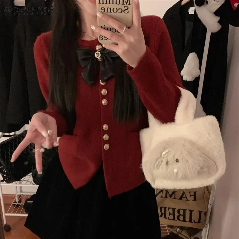 Cardigan Women Bow Design Cozy Elegant Chic Trendy All-match Autumn Knitted Korean Fashion Classic Popular Ins Exquisite Slouchy