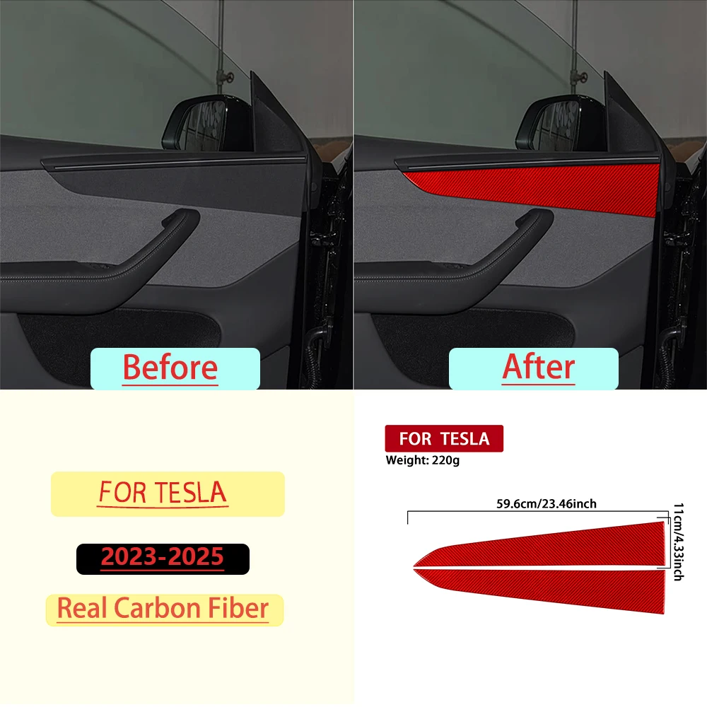 For Tesla Y 2023—2025 Car Front Door Inner Panel Trim Red Real Soft Carbon Fiber Interior Car Accessories Decoration Stickers