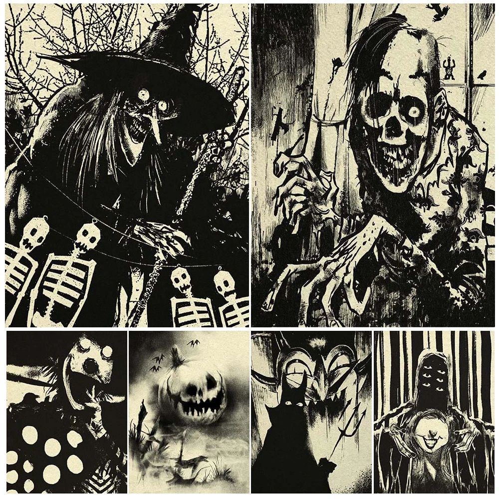 Horror Witches,Ghosts,Nuns,Scream Killers Abstract Wall Art Canvas Paitning Vintage Halloween Horror Poster And Print Home Decor