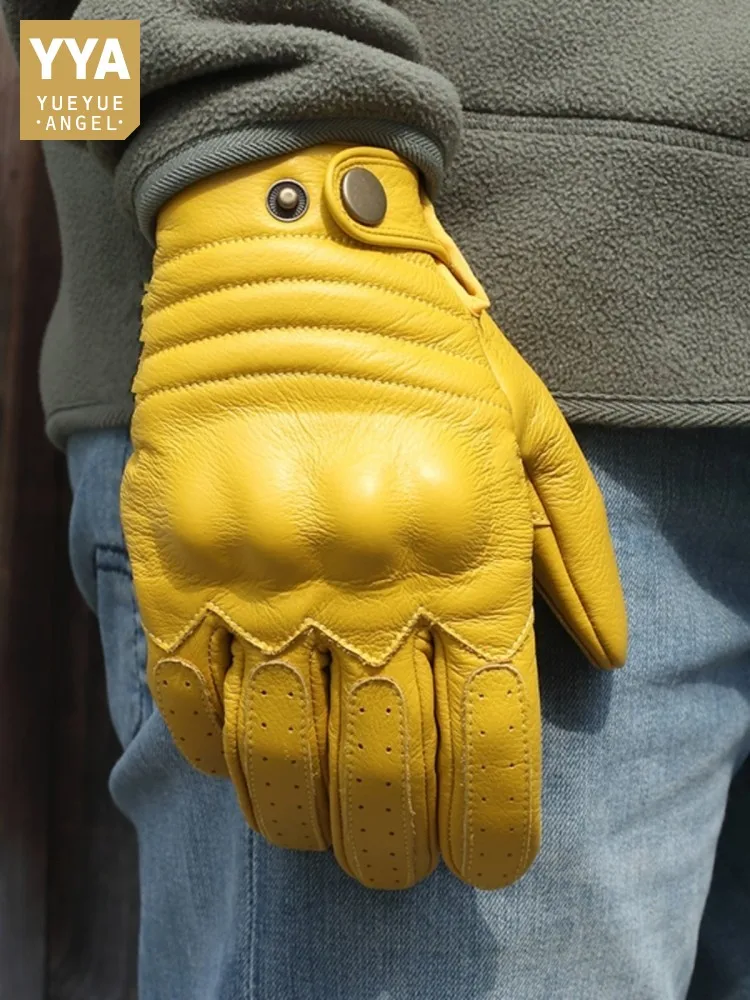 Vintage Mens Genuine Leather Driving Motorcycle Riding Gloves Outside Male Touch Screen Real Cowskin Gloves