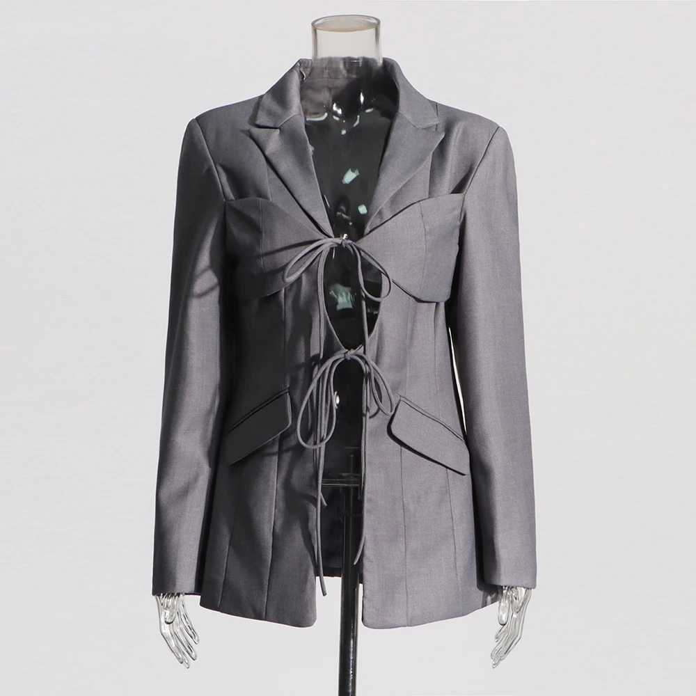 TWOTWurea-Blazer à lacets épissé évidé YLE pour femme, col cranté, manches longues, patchwork, poche, blazers chics pour femme, solide