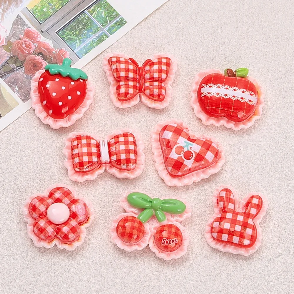 10pcs Resin New Cute Mini Fruit Bowknot Strawberry Flatback Figurine Scrapbooking DIY Home Accessories Crafts