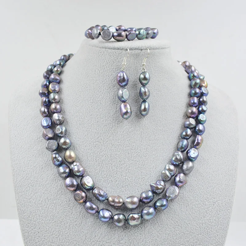 2-Row 10MM Giant Natural Black Baroque Pearl Necklace Bracelet Ear Hook Set. Ladies' Party Wedding Classic Jewelry 18-22”