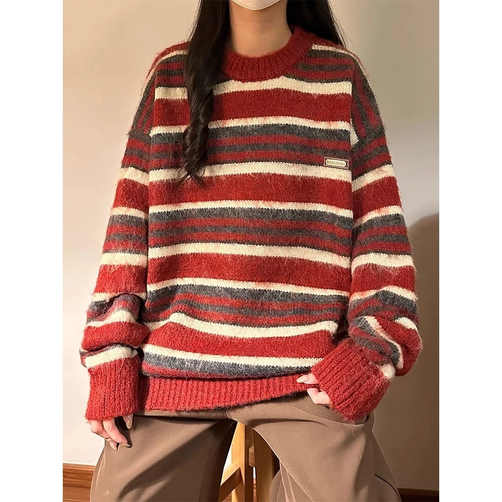 

Американский свободный полосатый свитер с круглым вырезом для мужчин и женщин, осенний повседневный модный тонкий лонгслив из полиэфирного волокна