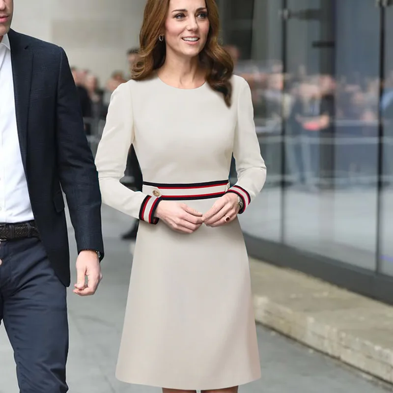 

Fashion O-Neck Long Sleeve OL Dresses Princess Kate Women Patchwork Dress