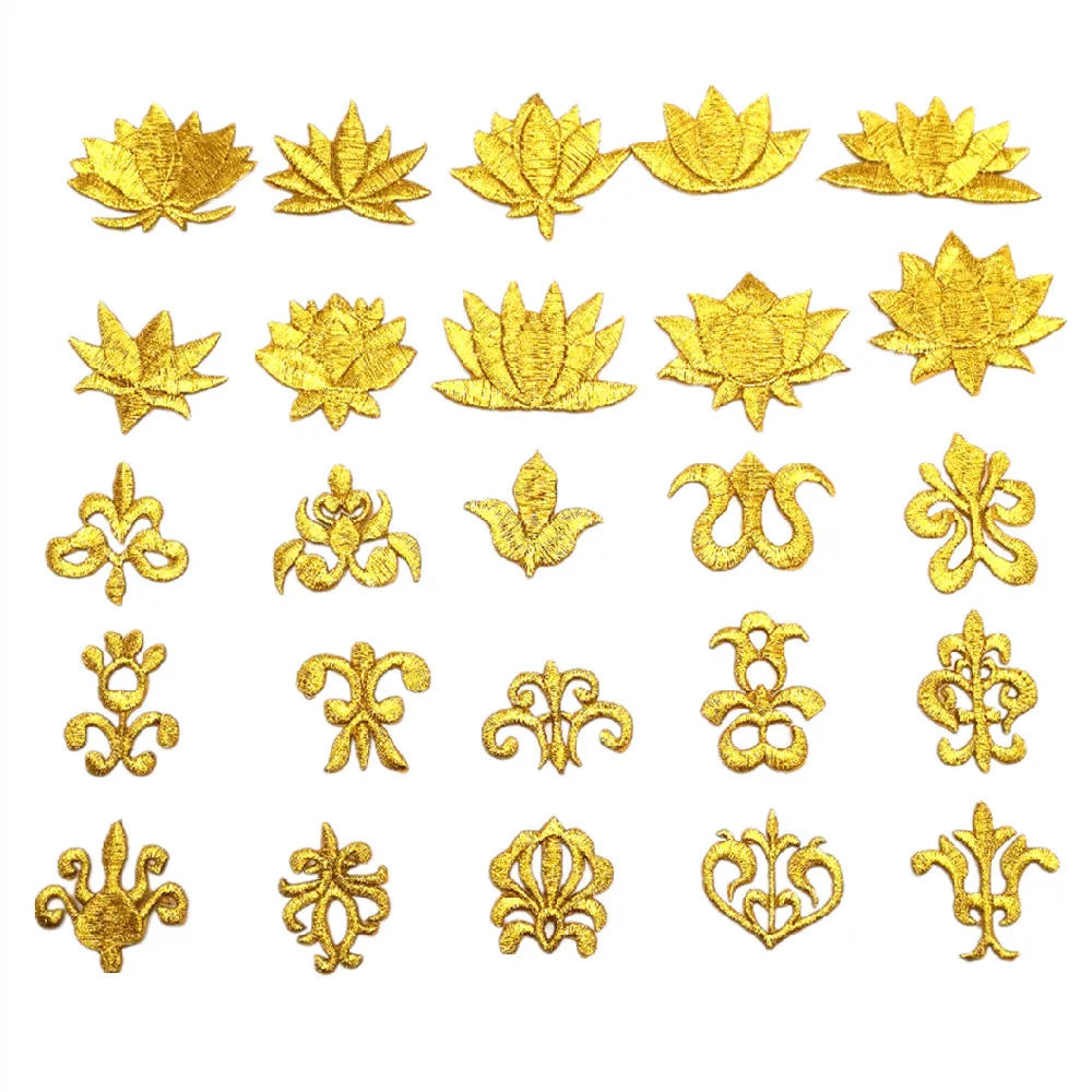 10 Pieces Gold Embroidered Patches Iron On Flower Appliqued Cosplay Costumes Lotus Flower Trims Crown Appliques