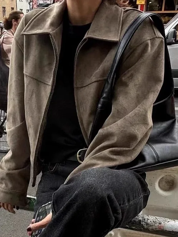 

Chic Autumnal Suede ort Jaet Women's Faionable High-End Feel Retro Double Zipper Motorcycle Sle Long Sve ort Coat