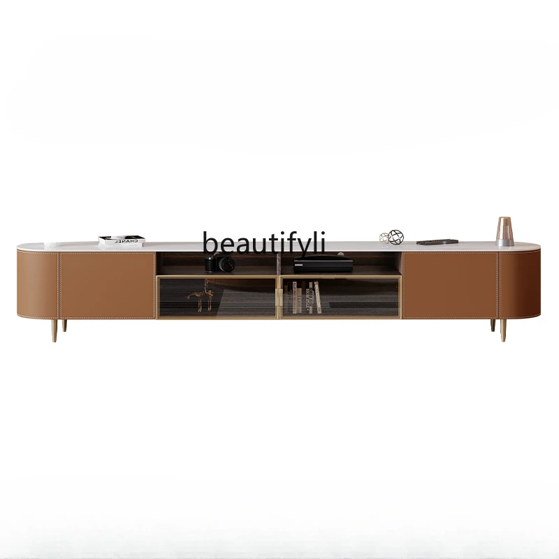 

Italian Saddle Leather Coffee Table TV Cabinet Combination Modern Living Room Small Apartment Designer Light Luxury Minimalist