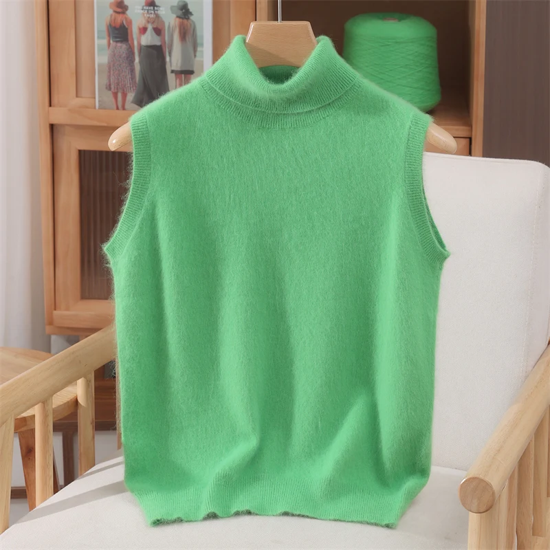 Chic Sweet Style Women's Vest Turn-Down Collar Sweater 100% Mink Cashmere Soft Warm Sleeveless Pure Color Casual Autumn Winter