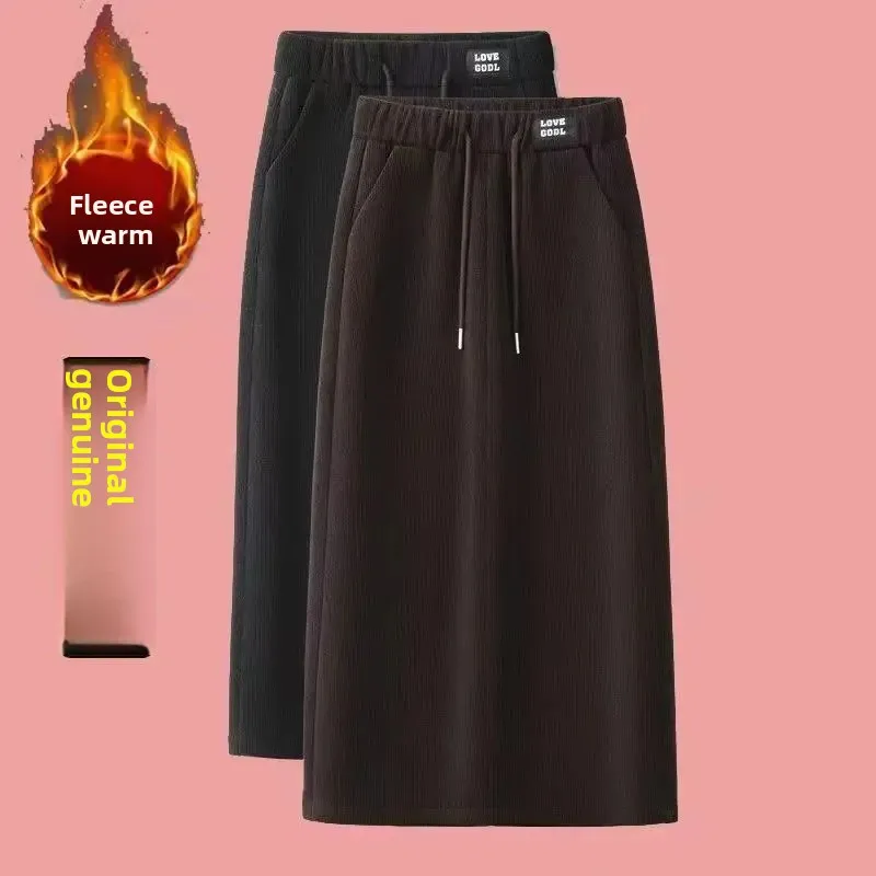 Thickened Fleece Casual Mid-Length Corduroy A- Line Skirt Warm Autumn Winter Women's Fashion Stylish Half-length Skirts