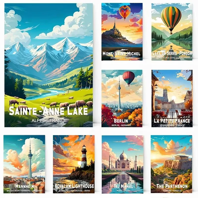 

Vintage Travel Poster Canvas Print Iconic Landmarks of France Germany Greece India Ireland Italy Nepal Wall Art for Living Ro