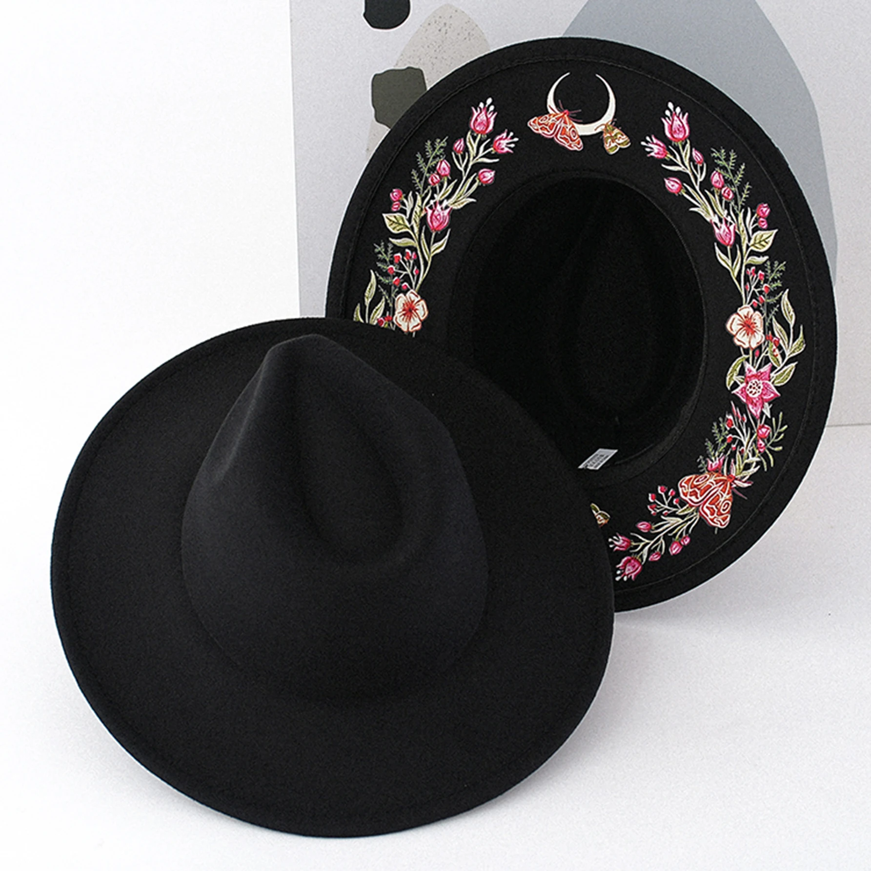 Dark Gothic Witch Hat Wide Brim Fedora Hat Moon Phase Moth Floral Boho Western Cowboy Hat Halloween Costume Festival Fashion Cap