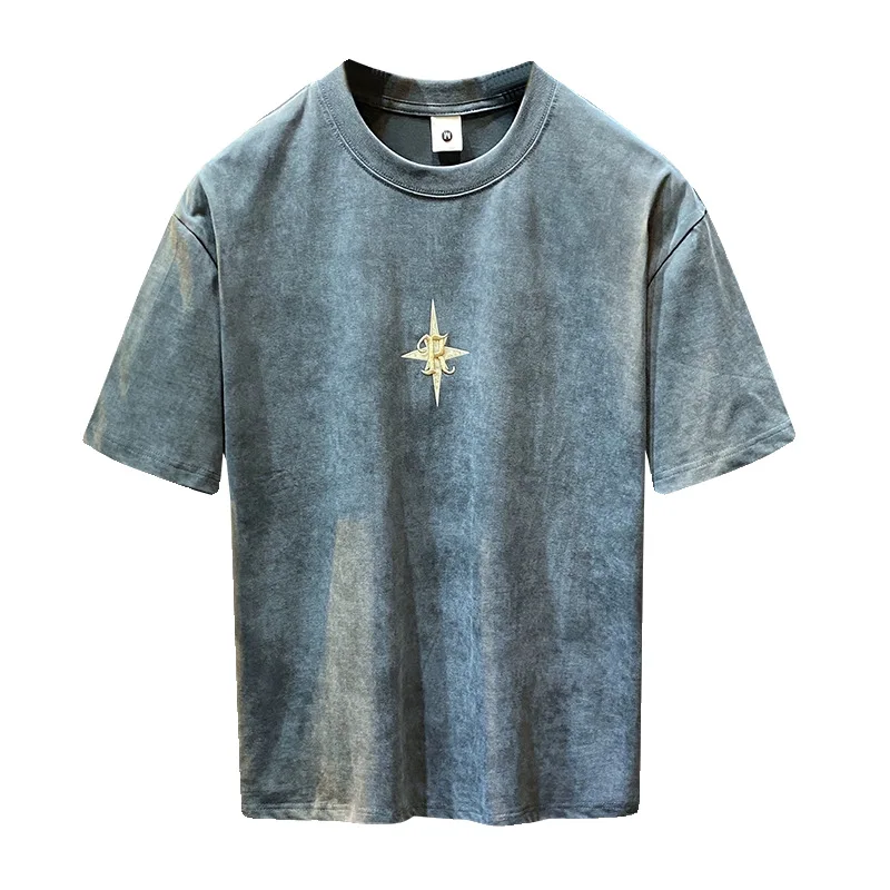 2024Summer new light luxurytt-shirt men\'s short-sleeved fashionable embroidered high-end loose large size casual high-density ha
