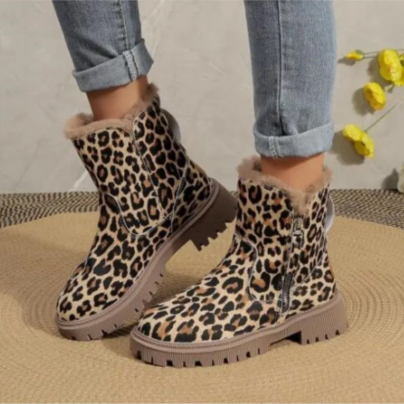 Snow boots women\'s winter new fleece women\'s shoes warm leopard snow boots thick cotton warm shoes women\'s boots P524