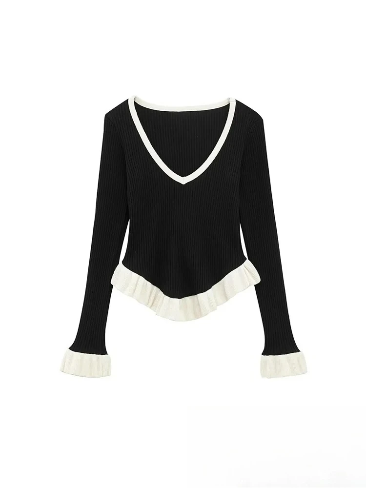 

KONDALA Vintage Casual Women Sweater V-Neck Long Sleeve Tierred Knitted Slim Sweater Fashion 2025 Spring Holiday Chic Sweater