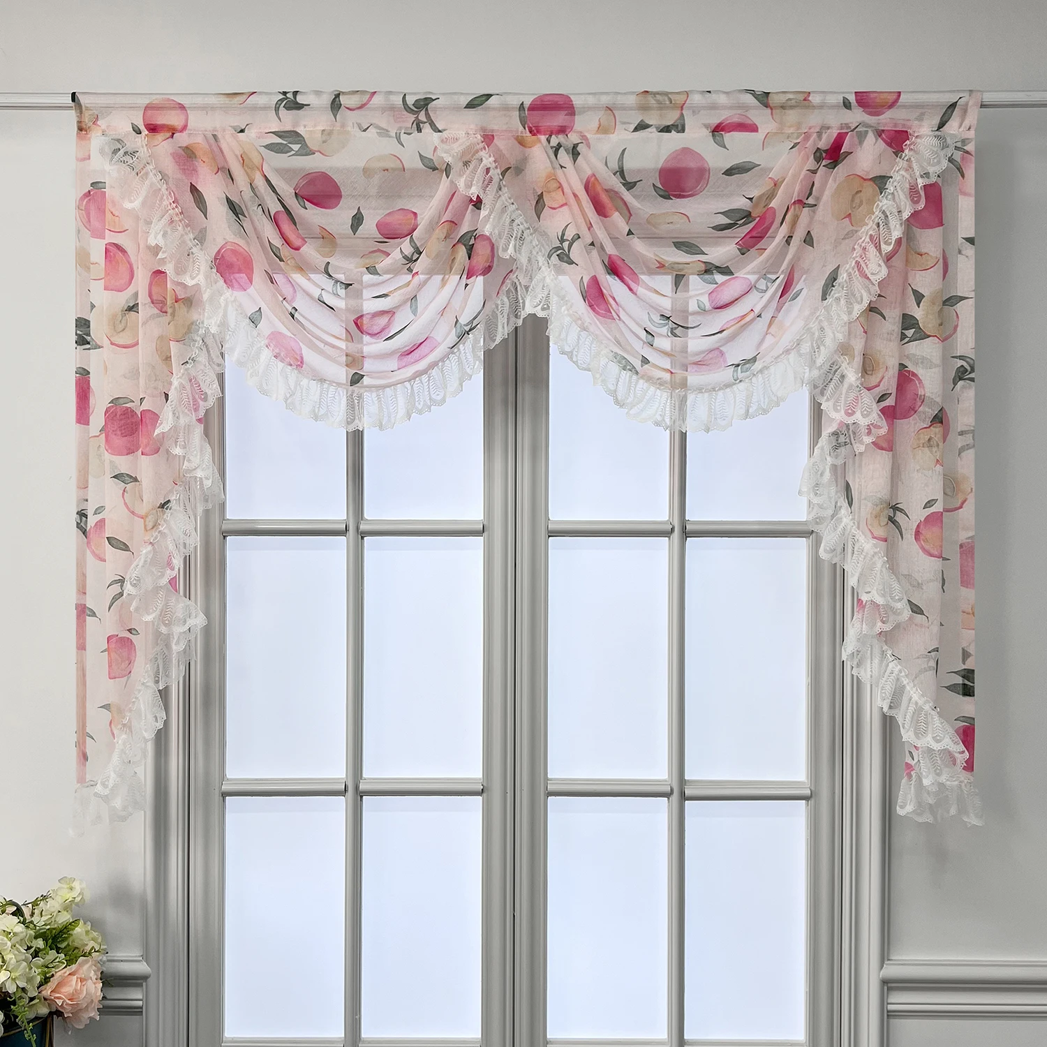 Rustic Fruit Print Wave Curtain Valance with White Lace Ruffle Curtain for Living Room,Kitchen Window Swag Curtain Heads